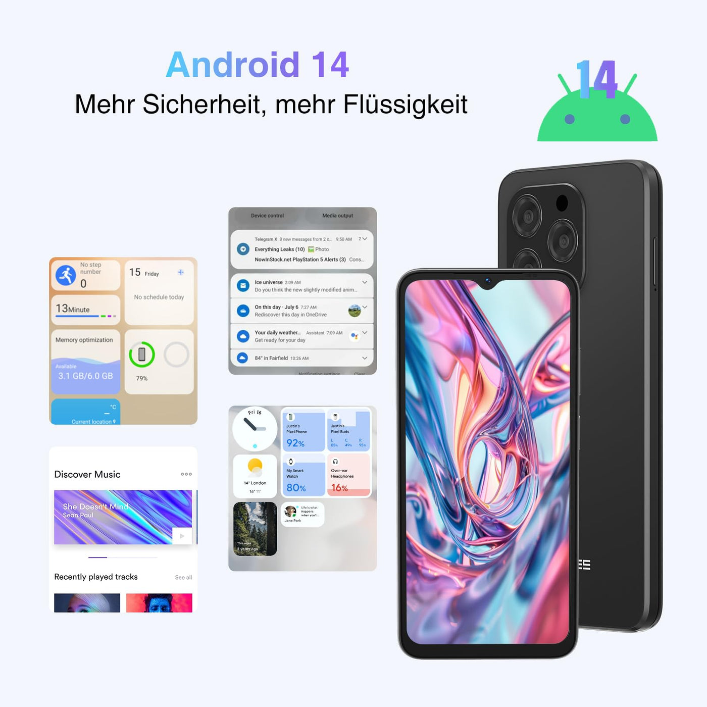 DOOGEE N55 Android 14 Smartphone Ohne Vertrag (9GB+128GB) 6.56" HD+ IPS Display Octa Core Handy Ohne Vertrag, 5150mAh, 13MP+8MP, Dual SIM 4G Handy Günstig, 5G Wi-Fi Simlockfreie Handys, OTG, Face ID