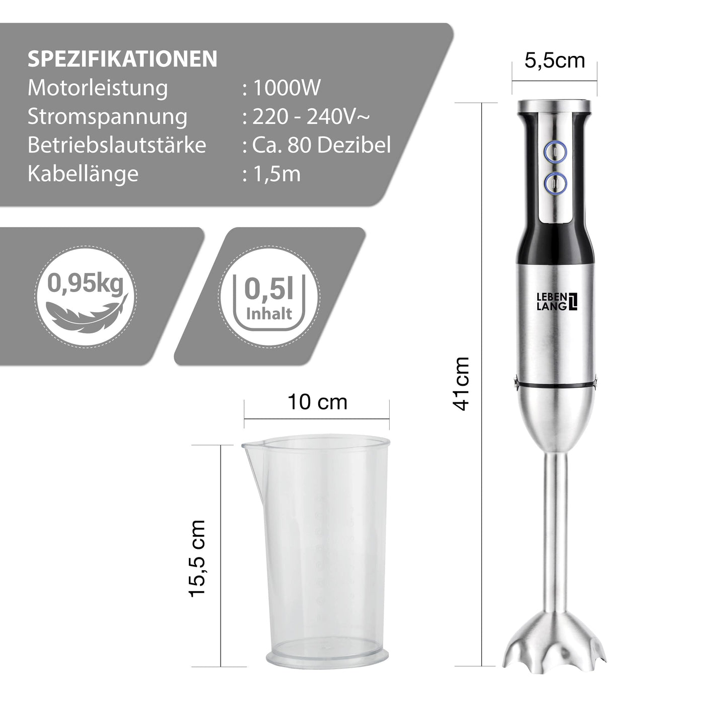 LEBENLANG 1000W Stabmixer Edelstahl - Mit Spritzschutz und 8 Stufen plus Turbo | Hochwertiger Pürierstab Edelstahl und Mixstab | Küche Zauberstab | Hand blender Rührstab Stick - Mixer 1000 watt