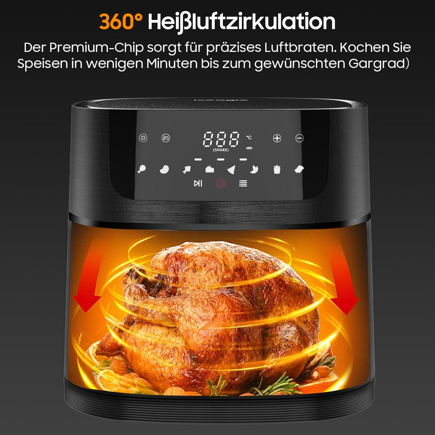 Iceagle Heißluftfritteuse XXL Air Fryer 9L - Heissluftfriteuse mit Großes Sichtfenster | Friteuse Airfryer ohne Öl mit Digitalem Led Touchscreen, 8 Programmen, Shake-Modus, 1800W, Rezeptbuch