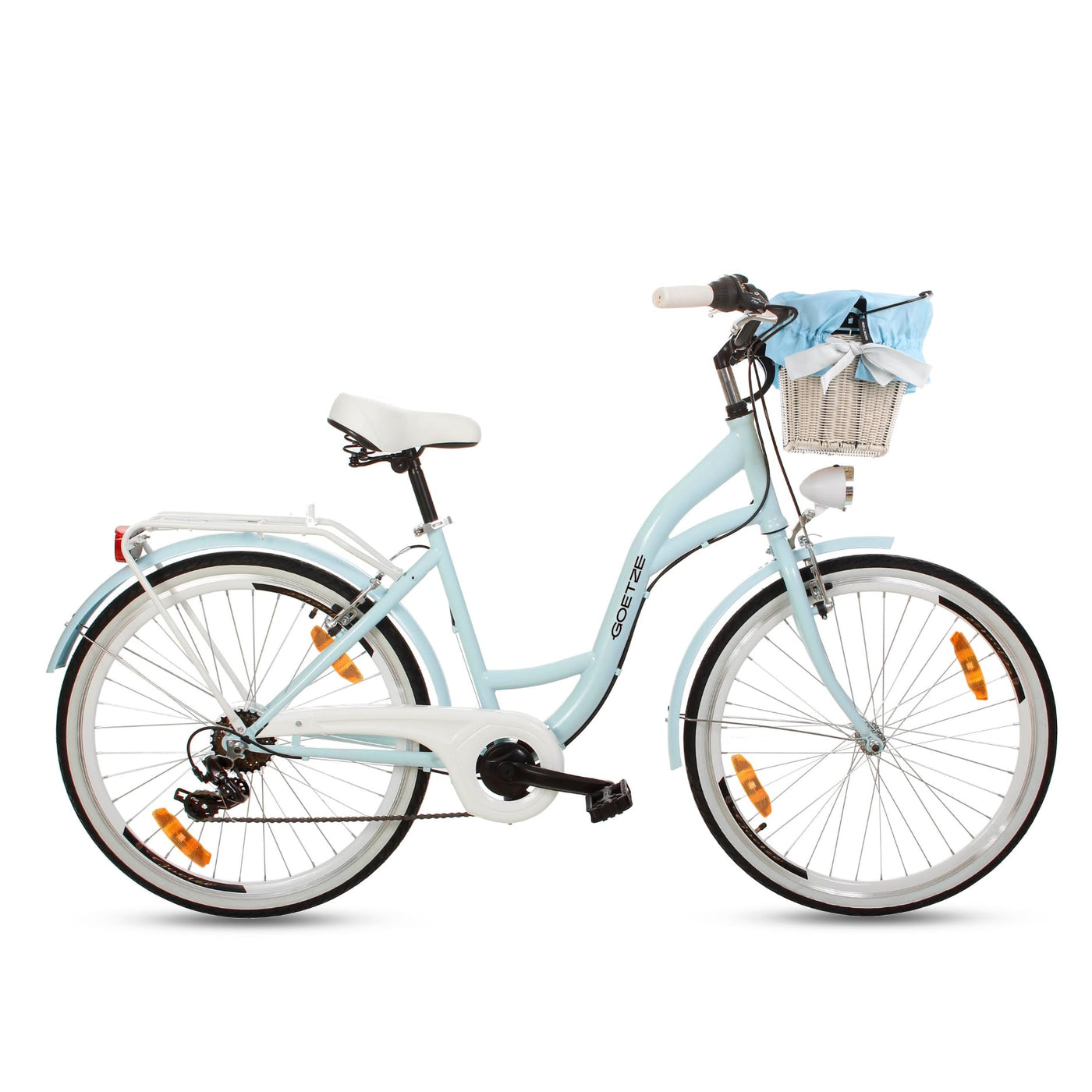 Goetze Mood 26 Zoll Damen Citybike, 17 Zoll Tiefeinsteiger Rahmen, 6-Gang Kettenschaltung, V-Bremse, LED-Beleuchtung, Gepäckträger, Komfortsattel, Schutzbleche, Rattankorb mit Stoffeinsatz!