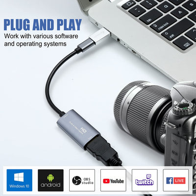 Videoaufnahmekarte, USB 3.0 HDMI auf USB C Audio Capture Card, 4K 1080P60 Capture mit Typ-C Adaptergeräten für Gaming Live Streaming Video Recorder, kompatibel mit Windows Mac OS System usw