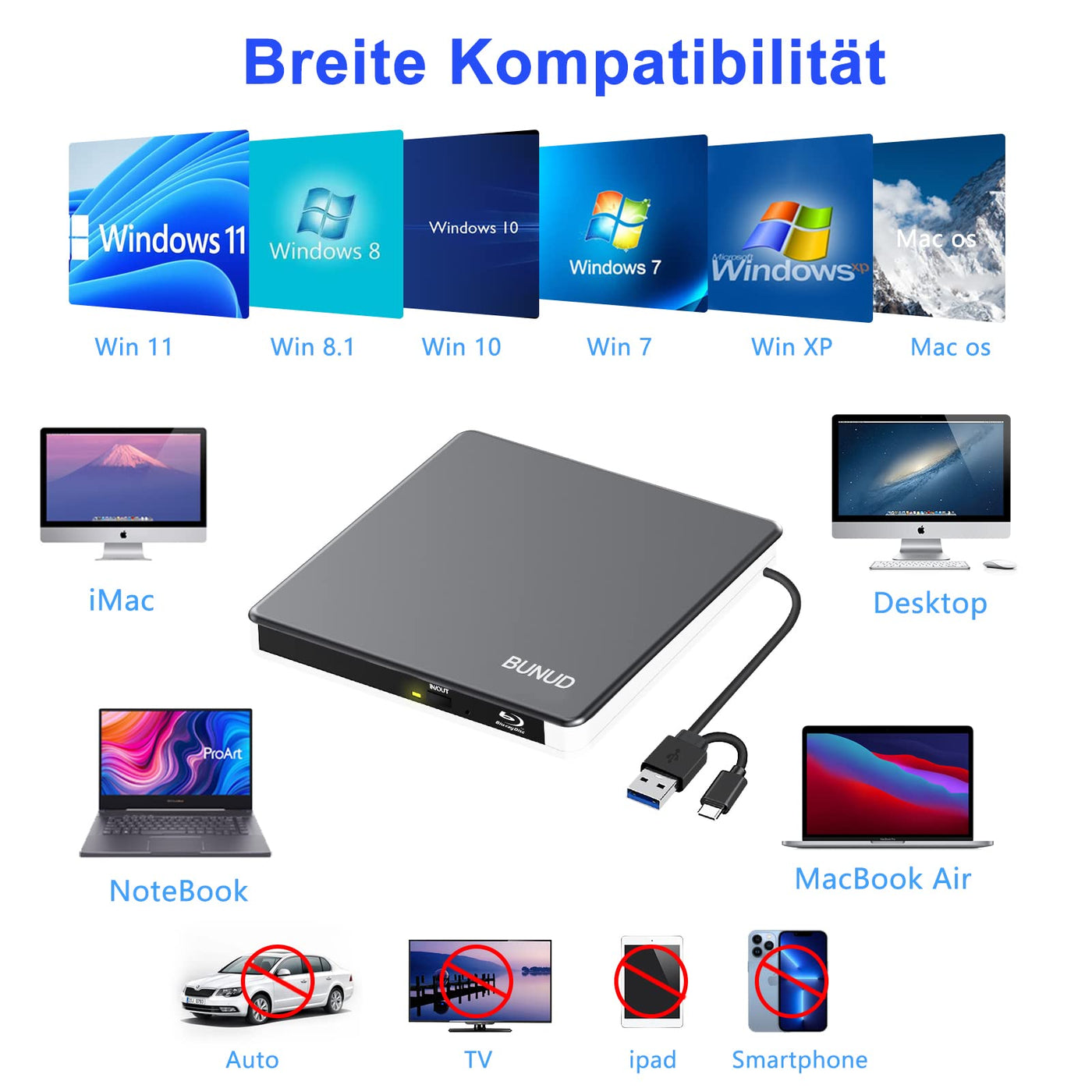 BUNUD Externes DVD Laufwerk, CD Laufwerk Extern USB mit 2 USB SD TF Ports, Externer CD/DVD Brenner und Player, Externes CD Laufwerk für Laptop Windows Mac PC MacBook