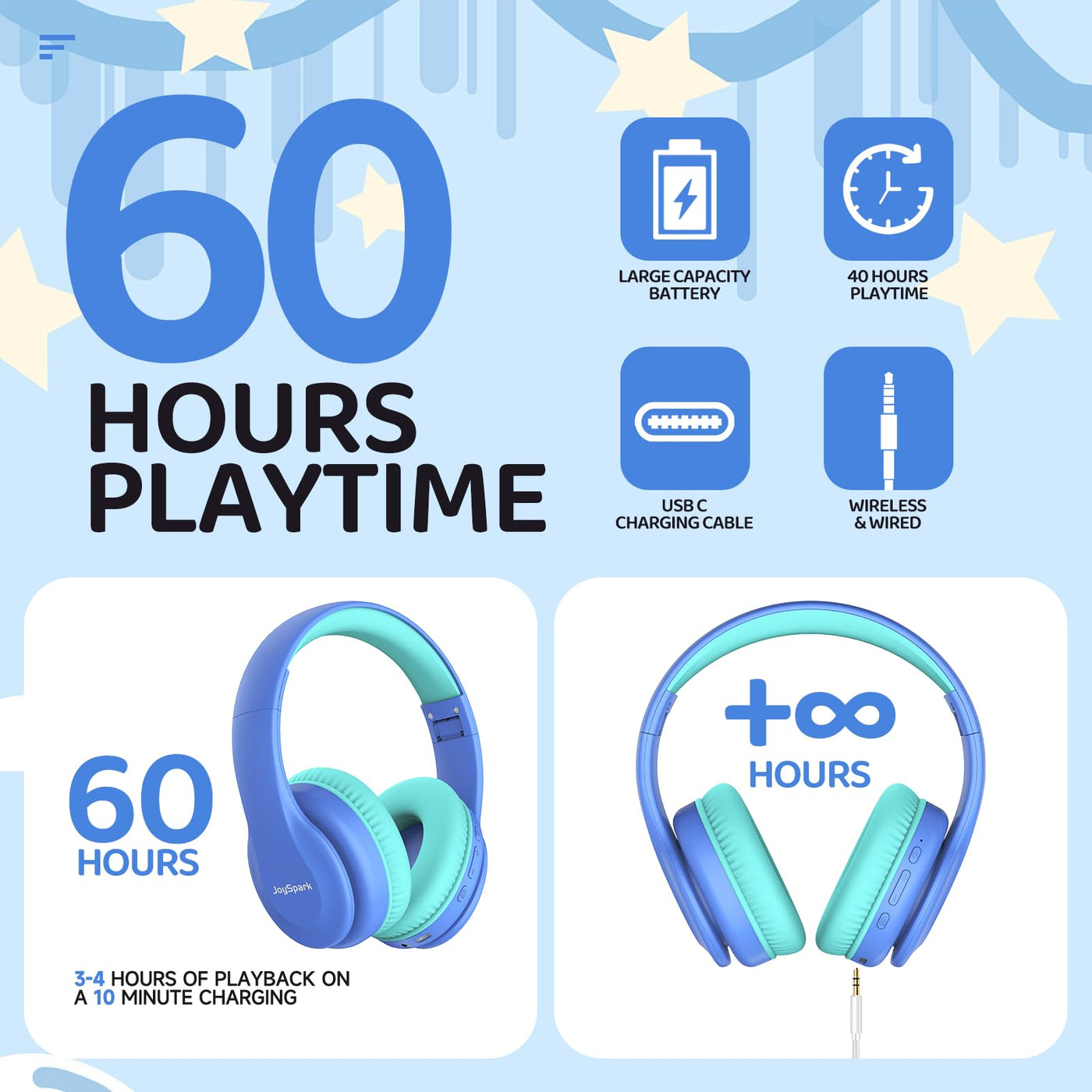 JoySpark Bluetooth Kopfhörer Kinder, Kabellose Kinderkopfhörer Over-Ear mit 85/94dB Lautstärkebegrenzung, 60 Stunden Spielzeit, Bluetooth 5.3, eingebautes Mikrofon-Blau