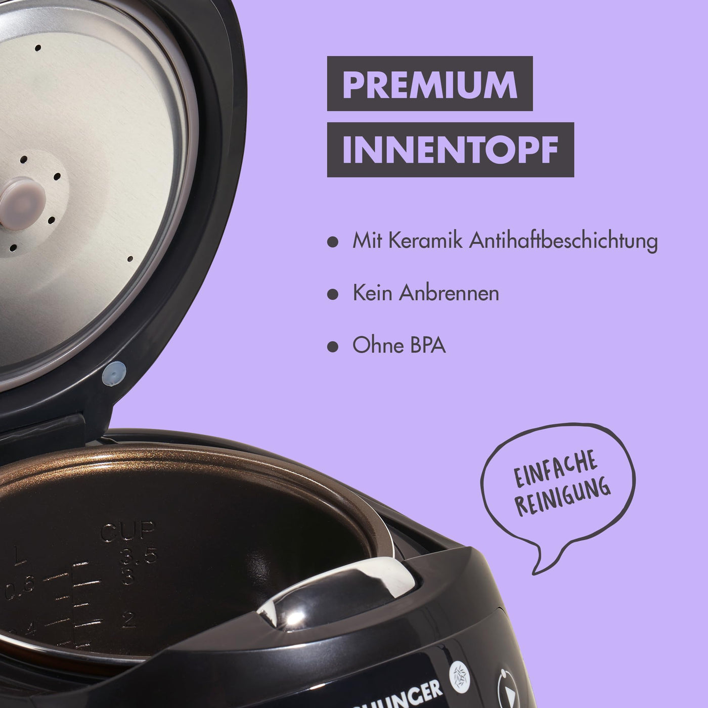 REISHUNGER Digitaler Reiskocher klein, schwarz | 0,6 L bis 3 Personen | Warmhaltefunktion, Timer & Premium Topf | Kleiner Multikocher & Dampfgarer, 8 Programme, 7-Phasen-Technologie