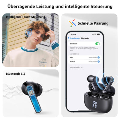 Bluetooth Kopfhörer, Kopfhörer Kabellos Bluetooth 5.3 mit 6 ENC Mikrofon, In Ear kopfhörer Bluetooth mit HiFi Stereo Tiefer Bass, Lärmminderung, 50Std Spielzeit, IPX8 Wasserdicht Ohrhörer LED-Anzeige