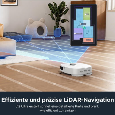 EUREKA J12 Ultra DE Saug- & Wischroboter + All-in-One Station (KI-3D-Hinderniserkennung, intelligente Haustierumgehung, Auto Teppicherkennung, ideal gegen Tierhaare, App- & Sprachsteuerung) weiß