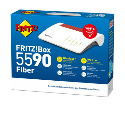 AVM FRITZ!Box 5590 Fiber | Router für einen Glasfaseranschluss (Wi-Fi 6, bis 2.400 MBit/s (5 GHz) und 1.200 MBit/s (2,4 GHz), WLAN Mesh, DECT-Basis, 2,5-Gigabit-LAN-Port, geeignet für Deutschland)