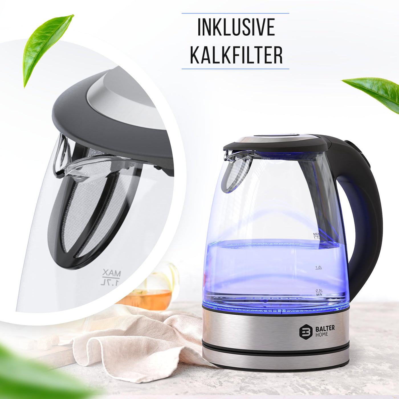 Balter Glaswasserkocher WK-9-1,7L Wasserkocher Glas - 2200W – 360° Basis - LED – Wasserkocher Klein - BPA Frei - Wasserkocher Edelstahl