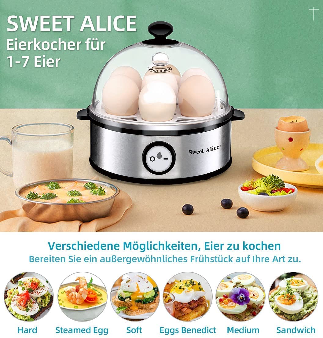 Sweet Alice Eierkocher Edelstahl, Eierkocher Testsieger, Eierkocher für 1-7 Eier mit Härtegradeinstellung, Indikationsleuchte Abschaltautomatik,Messbecher, Überhitzungsschutz, BPA-frei, 360 Watt