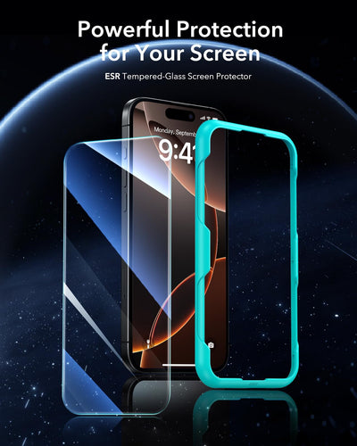 ESR für iPhone 16 Pro für Panzerglas, Displayschutzfolie 3 Stück, gehärtete Glasfolie mit einfachem Befestigungswerkzeug, 9H Härte, Militärgrad bruchsicher, volle Abdeckung, HD klar, kratzfest