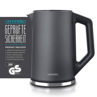 Arendo - Edelstahl Wasserkocher mit Temperatureinstellung 40-100 Grad in 5er Schritten - Doppelwand Design - Modell ELEGANT - 1,5 Liter - 2200 W - Teekocher mit Temperaturanzeige - GS - Cool Grey