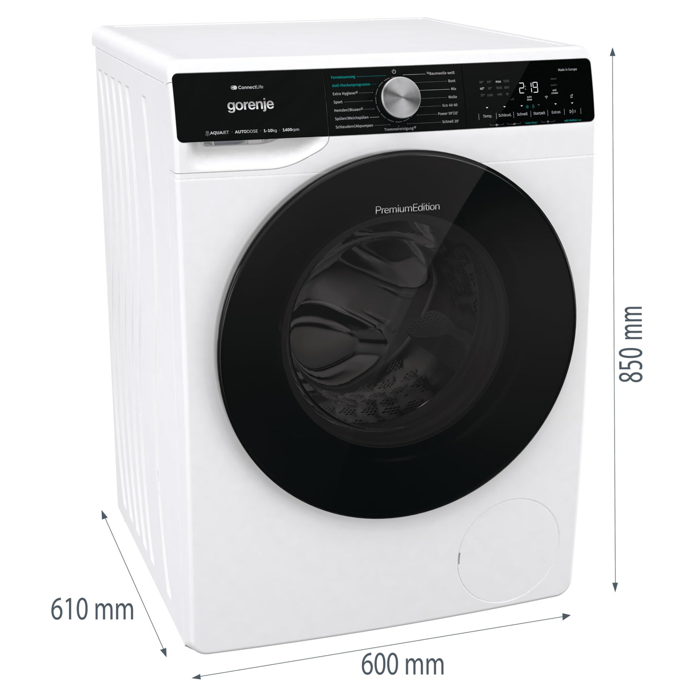 Gorenje WNS14A4ATS Waschmaschine mit Dampffunktion/ConnectLife /10Kg /1400 U/min /15 Programme/Totaler AquaStop/Wave Active Trommel/Sport/ExtraHygiene/PowerWash/Schnell Waschgang/EEK: A-40%