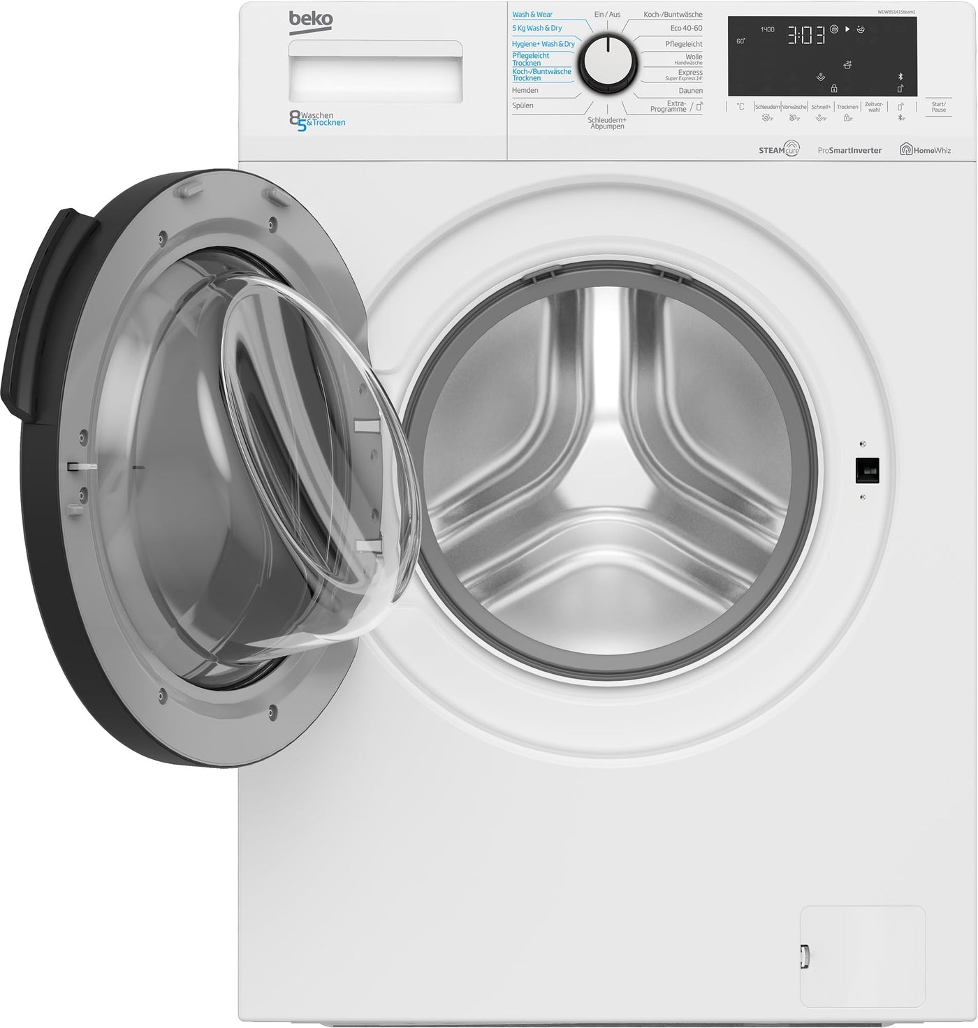 Beko WDW85141Steam1 b300 freistehender Waschtrockner, 8 kg Waschen, 5 kg Trocknen, allergikergeeignet, Touch-Display mit Startzeitvorwahl 0-24 h, Bluetooth, Dampffunktion, Nachlegefunktion, Weiß