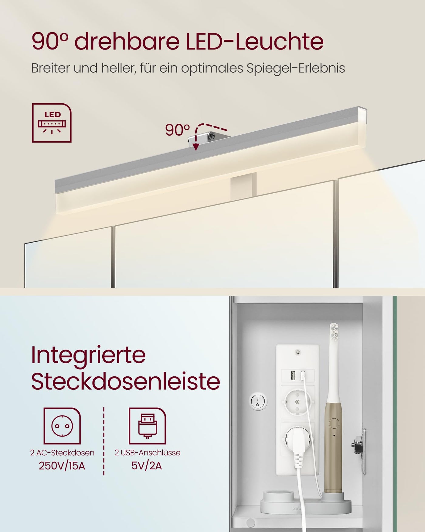 VASAGLE Badezimmerschrank mit 3 Türen, Spiegelschrank, Wandschrank, Steckdosen, Hängekorb, Haartrockner-Halter, viel Stauraum, für Badezimmer, 16,5 x 70 x 75 cm, wolkenweiß BBK126W01