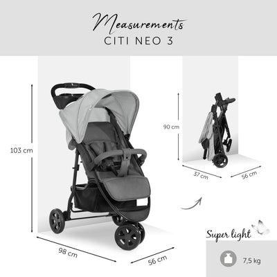 hauck Buggy Citi Neo 3 mit Getränkehalter, Einhändig Klein Faltbar, für Kinder ab Geburt bis 22 kg mit Liegefunktion, Tasche im Verdeck, XL Korb bis 3 kg (Grey)