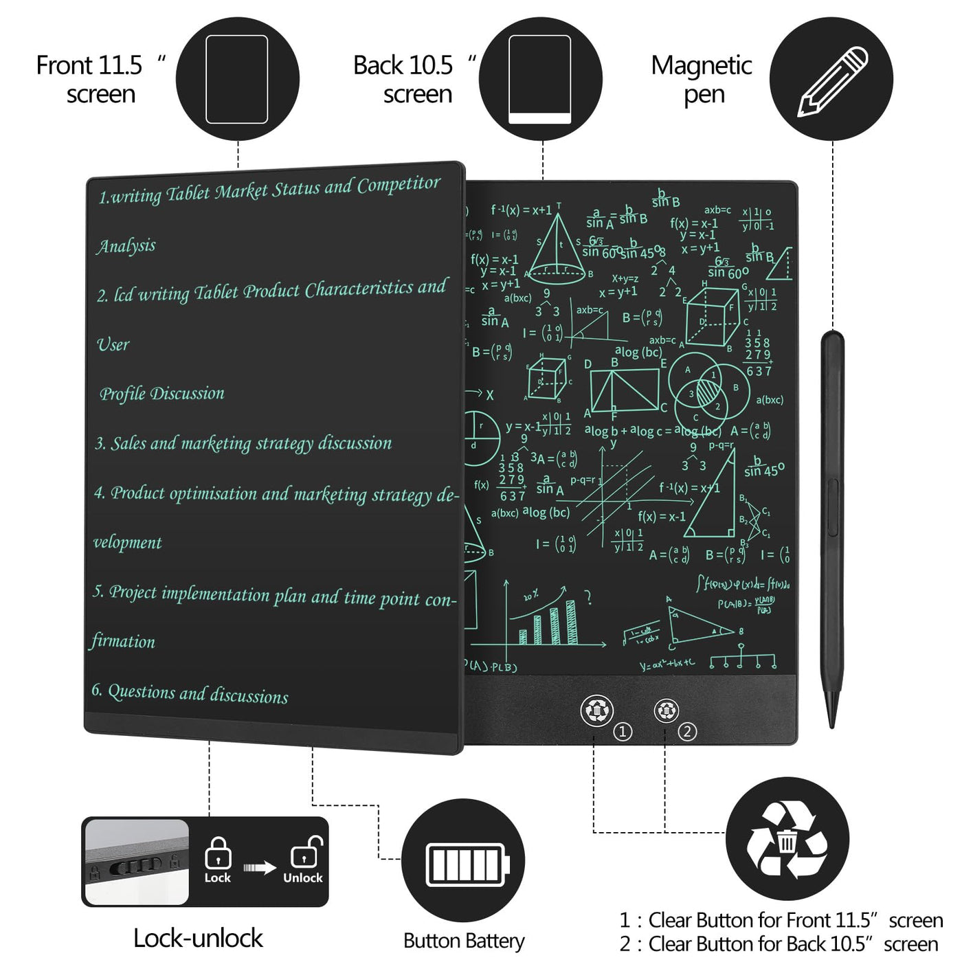 Czemo LCD-schreibtafel Erwachsene, Dual-Screen LCD-Schreibtafeln mit 2X Schreibfläche 11,5 Zoll +10,5 Zoll, HD Einfarbig 0.5mm Schreiblinie, LCD Schreibtablett für Büro, Memo, Notizbuch, Agenda