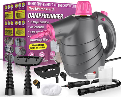 Dampfreiniger Boden mit 10 Zubehörteilen, Mehrzweck-Dampfreiniger Handgerät 1050W 105℃ 450ML Dampfdruck 3-3,5Bar 3Min Aufheizzeit Chemikalienfrei, Handdampfreiniger für Alles Polstermöbel Auto Bad