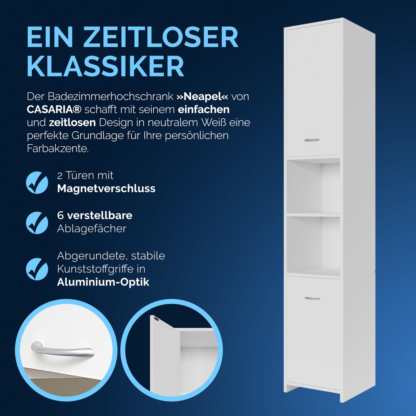 Casaria® Badezimmerschrank 30cm breit Hochschrank 6 Fächer verstellbar 2 Türen mit Magnetverschluss stehend Bad Regal Badmöbel schmal Holz Weiß