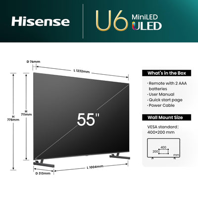 Hisense 55U6NQ Téléviseur 139 cm (55 pouces) 4K Mini LED ULED HDR Smart TV, 60 Hz, HDMI 2.0, Mode Jeu Plus, Dolby Vision et Atmos, Bluetooth, Alexa intégré, Anthracite, [2024]