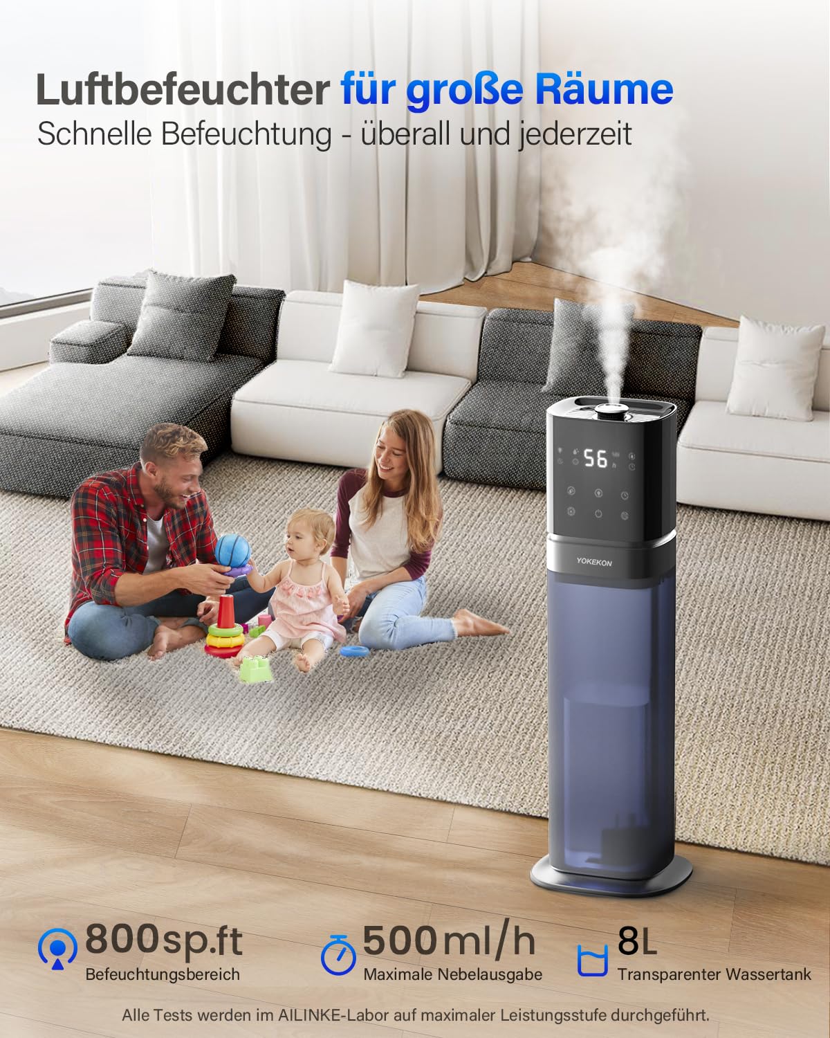 YOKEKON Luftbefeuchter 8L mit Oberbefüllung für Schlafzimmer - Timer, Sanlight, Schlafmodus, Humidifier, Aroma-Disk, 360° Drehbare Doppeldüse, ätherisches Öl