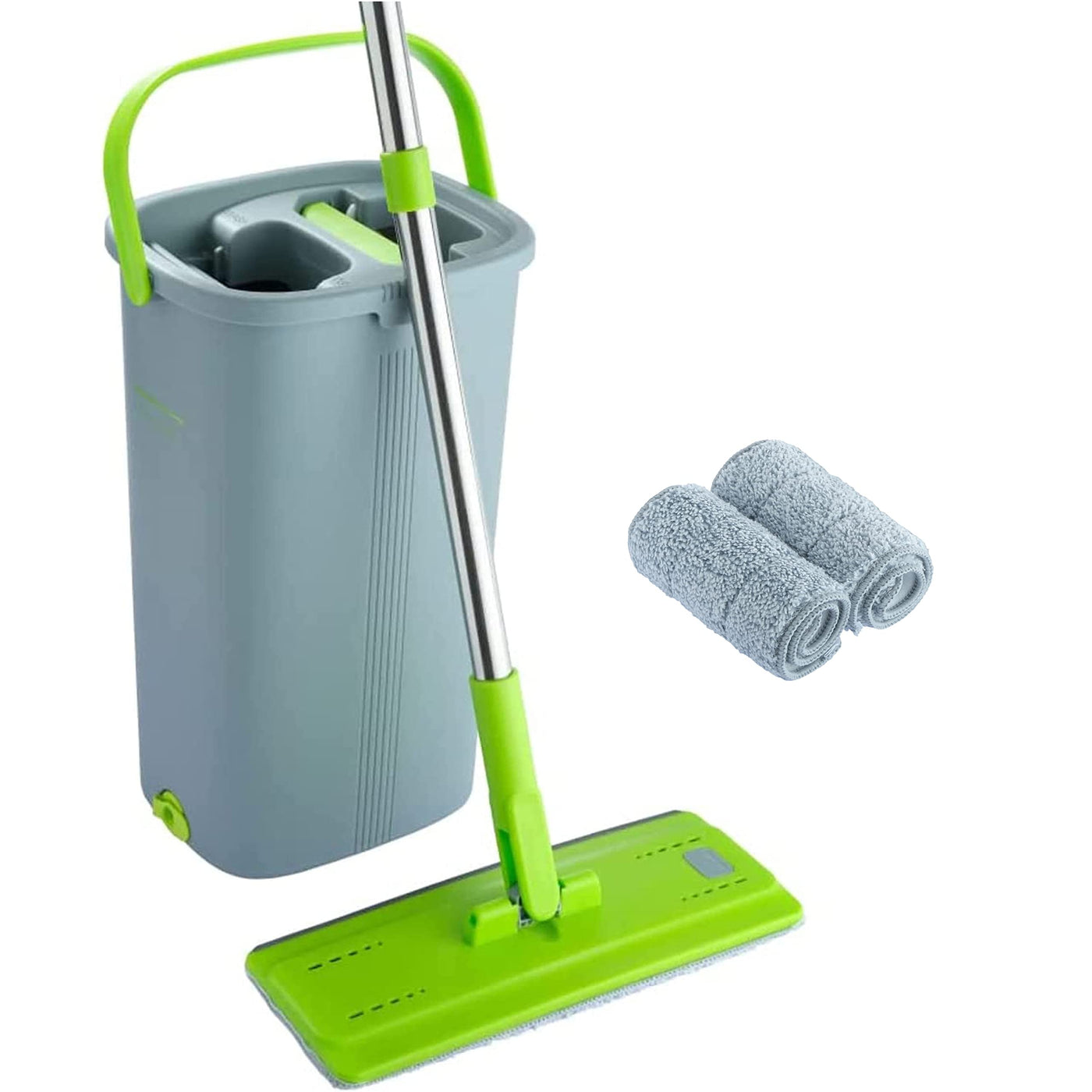 EasyGleam Mop und Eimer Set - Flachbodenmopp mit Teleskopstange, Innovativer Mop Zweikammer Eimer für Nass- und Trockenanwendung, 2 Mikrofaserpads, Perfekt für Alle Bodenarten, Reinigung und Pflege