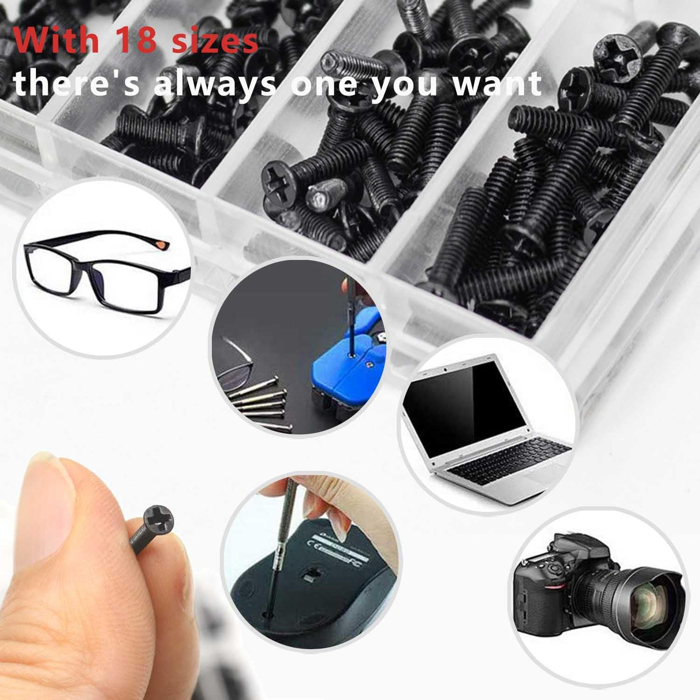 Kit d'assortiment de petites vis 1000 pièces, ensemble de micro-vis M1.2 M1.4 M2, vis de remplacement pour lunettes de montre, ordinateur, ensemble de petites vis de réparation avec tournevis et pince à épiler, argent noir