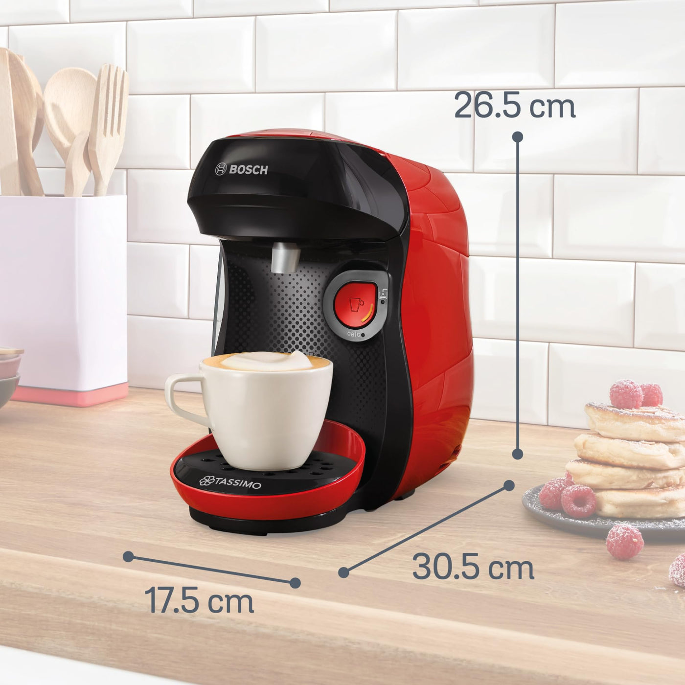 Bosch Tassimo happy friendly Kapselmaschine TAS103E, über 70 Getränke, geeignet für alle Tassen, Abschaltautomatik, nachhaltig, perfekt dosiert, platzsparend, 1400 W, rot/schwarz