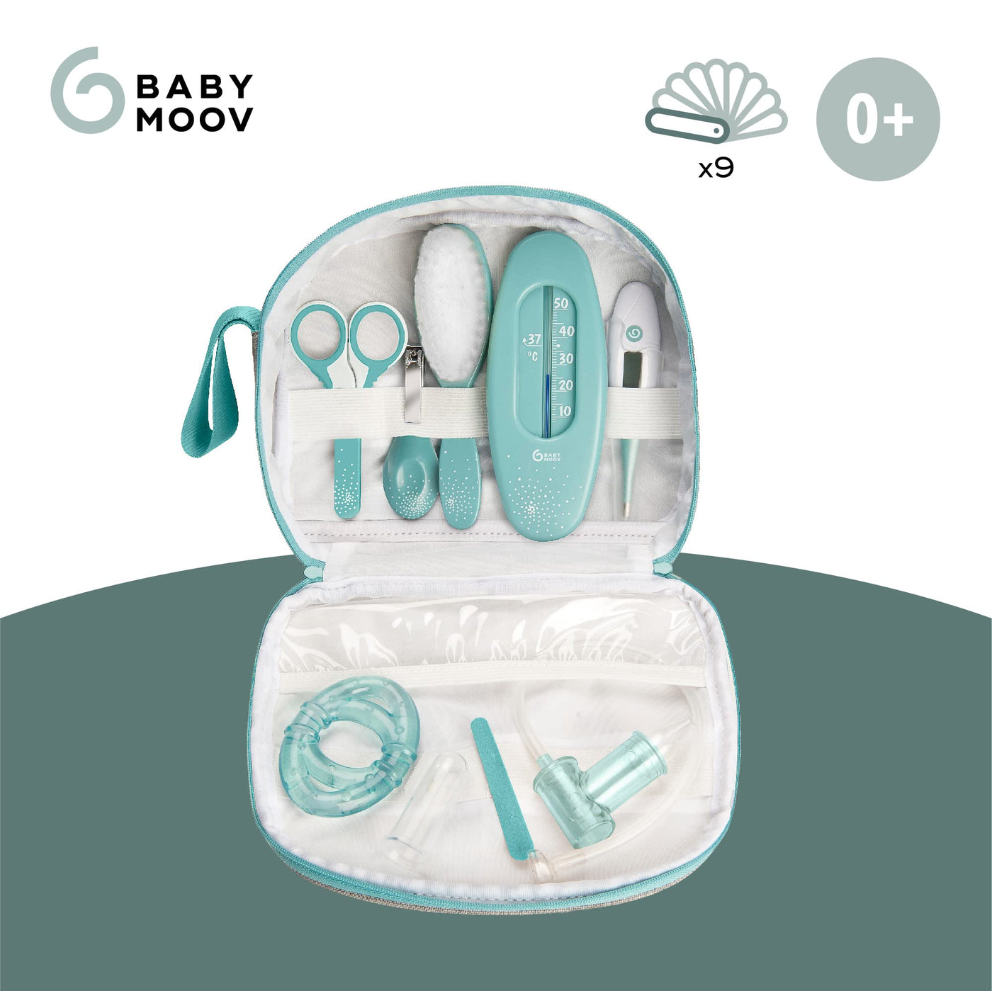 Babymoov Babypflege-Set Aqua - 9-teilig, ideal für die Baby Erstausstattung mit digitalem Fieberthermometer und Nasensauger