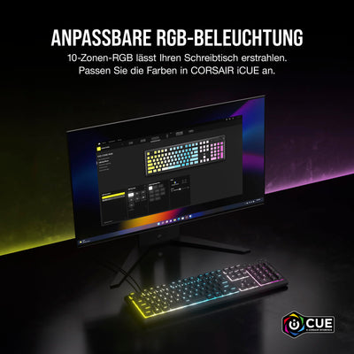 Corsair K55 CORE RGB Membran Kabelgebundene Gaming-Tastatur – Leise, Reaktionsschnelle Schalter – Spritzwasserschutz – Zehn-Zonen-RGB – Medientasten – iCUE-Kompatibel – QWERTZ DE – PC, Mac – Schwarz