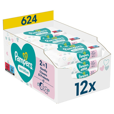 Pampers Sensitive Feuchttücher 12 Packungen mit 52 Stück - 624 Feuchttücher, ohne Duft, für eine sanfte und weiche Reinigung