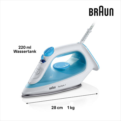 Braun TexStyle 1 Dampfbügeleisen SI 1050BL - Bügeleisen mit SuperCeramic Bügelsohle, Vertikaldampf, 2000 Watt, Blau