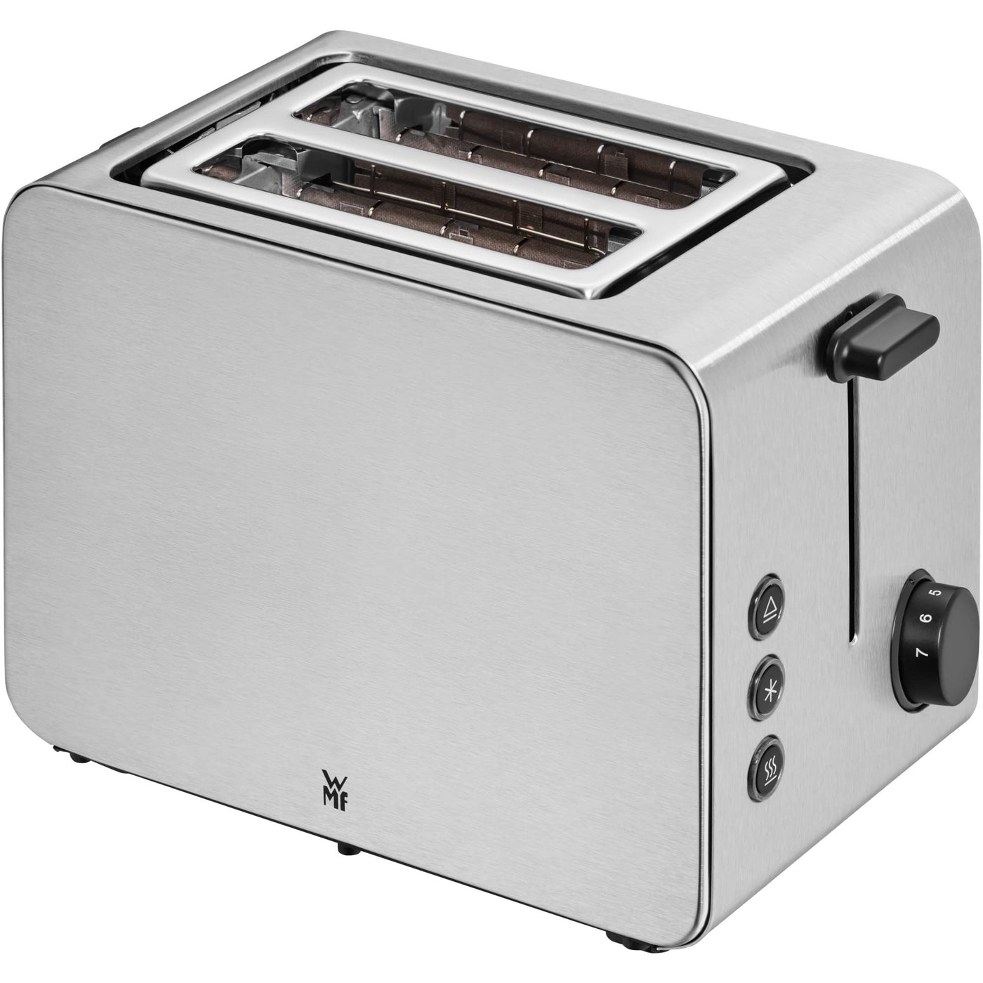 Grille-pain WMF Stelio 2 tranches en acier inoxydable, grille-pain à deux fentes avec accessoire pour petits pains, fonction bagel, 7 niveaux de brunissage, 900 W, grille-pain en acier inoxydable mat