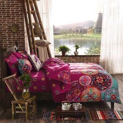 Freyamy Boho Bettwäsche 135x200 4teilig Indisch Exotische Vintage Bohemian Fuchsia Türkis Bunt Muster 100% Mikrofaser Bettbezug Kissenbezug 80x80 Böhmisch Bettbezüge