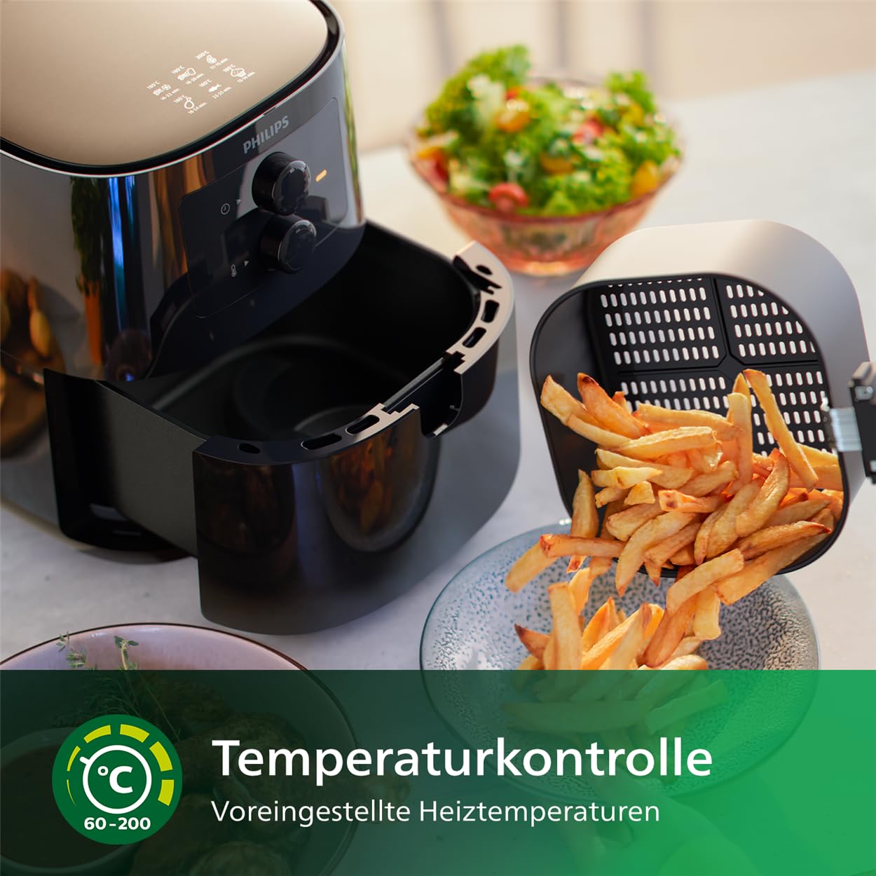 Philips Essential Airfryer Heissluftfriteuse - 4,1-Liter-Pfanne, Fritteuse Ohne Öl, Rapid Air Technologie, HomeID-App, Zeit- Und Temperaturkontrolle, Schwarz (HD9200/90)