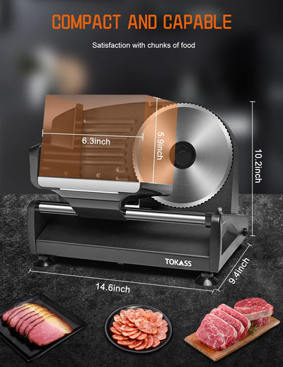 Elektrischer Allesschneider Edelstahl TOKASS- Verstellbare Küchenmaschine 0 bis 15mm mit ECO-Motor,Wurstschneidemaschine - Brotschneidemaschine, Schinkenschneider, Elektrisches Messer Fleisch & Käse