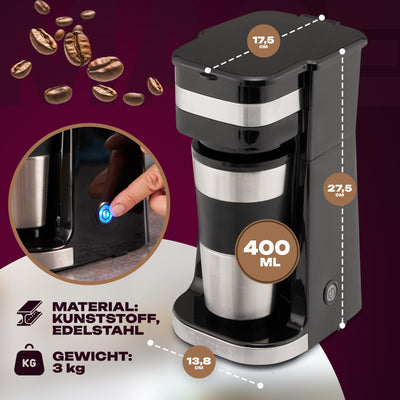 Clatronic Kaffeemaschine mit 400ml Kaffee To Go Becher | passend für alle gängigen Getränkehalter (z. B. Auto) | Filterkaffeemaschine mit Edelstahlbecher und Aromadeckel |Kaffeemaschine klein KA 3733