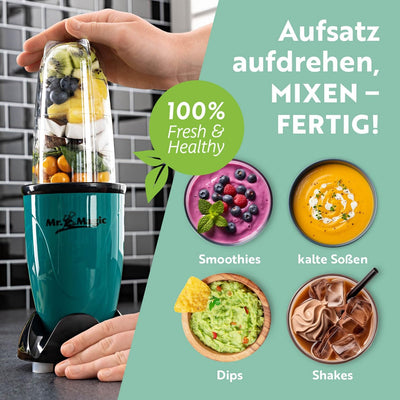 GOURMETmaxx Mr. Magic Mixer | Smoothie Maker mit XXL-Zubehörpaket | Standmixer 18-tlg. | Blender mit auslaufsicheren Frischhaltedeckeln | Food Processor für Shakes, Smoothies etc.