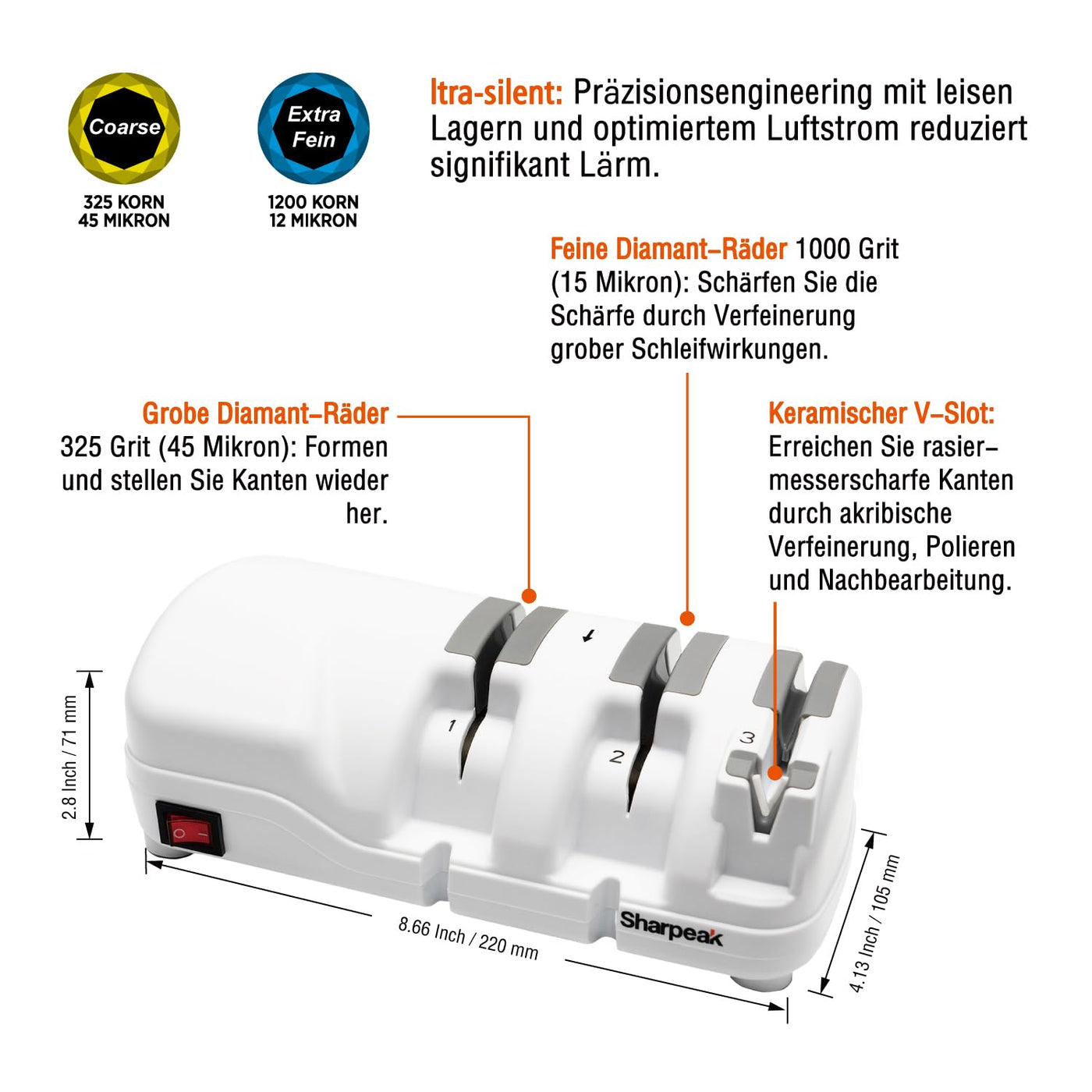 Sharpeak 198H-SPK Profi Messerschärfer Elektrisch mit 3 Stufen, Diamantscheiben, Überhitzungsschutz, Leisem Motor, Schnelles für Küchenmesser, Elektrischer Messerschärfen Profi, Diamant Messerschärfer