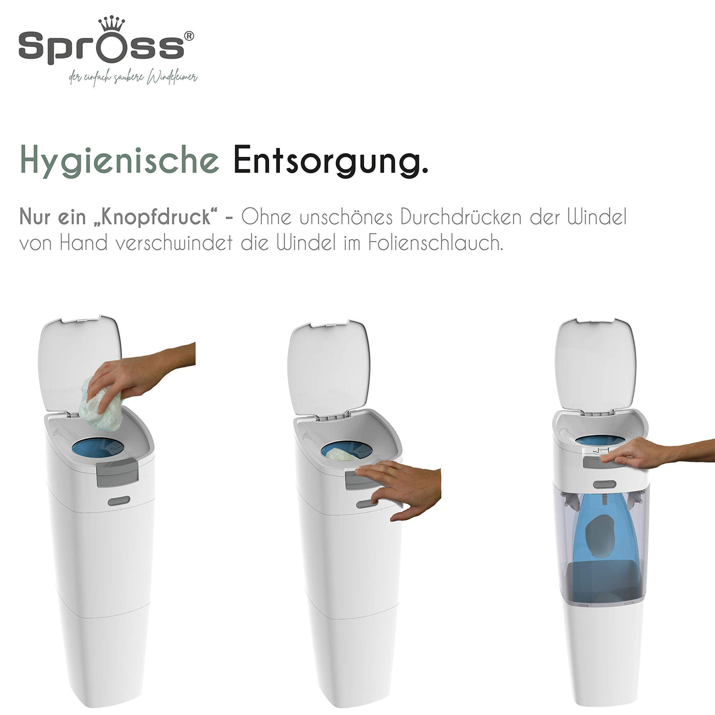 Spross Baby Windeleimer inkl. Nachfüllkassette - geruchsdichtes System mit Einhandbedienung - Mülleimer für Baby Windeln, weiß-grau