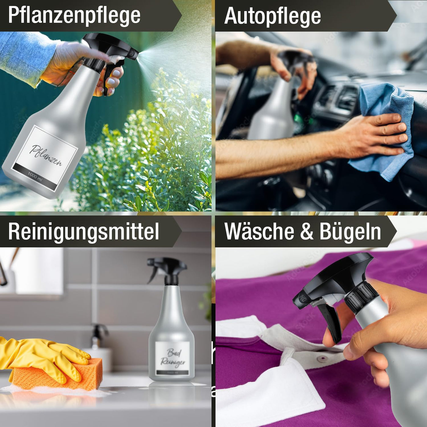 3x Große Sprühflasche 1 Liter mit Zerstäuber (inkl. beschriftbare Etiketten) | Wassersprühflasche ideal für Pflanzen, Reinigungsmittel (chemiebeständig), Garten, Autopflege | Water Spray Bottle