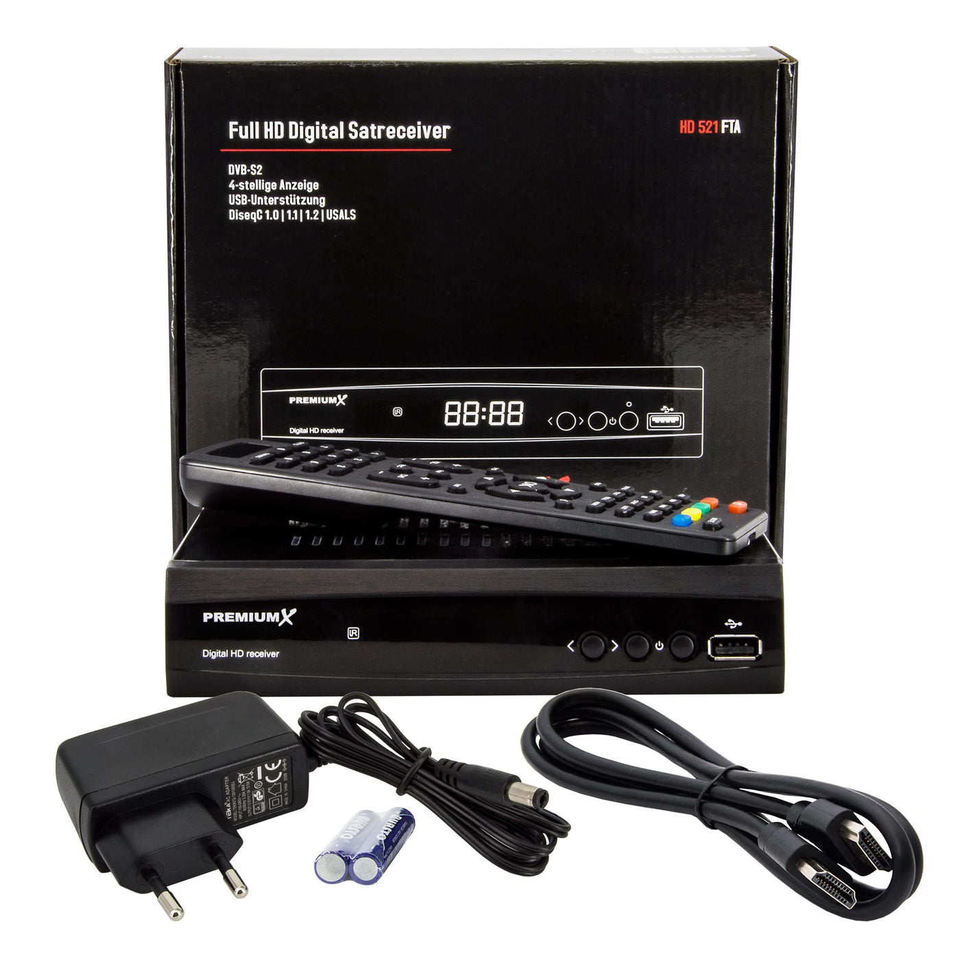 Récepteur satellite PremiumX HD 521 FTA Récepteur TV numérique par satellite DVB-S2 FullHD HDMI SCART 2X Lecteur multimédia USB, alimentation externe 12 V