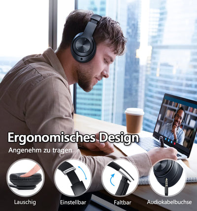 Lankey Sound 9S Kopfhörer Kabellos Bluetooth, Bluetooth Kopfhörer Over-Ear mit 65 Stunden Spielzeit, kabellose Kopfhörer mit 6 EQ-Modi, HiFi Stereo Kopfhörer mit Mikrofon für Handy/PC/Studium, Schwarz