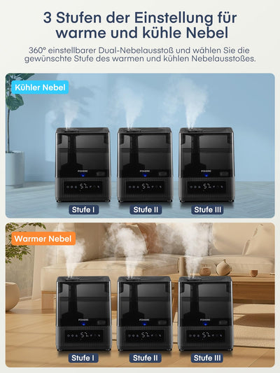 FOHERE 6L Warm- und Kaltnebel Luftbefeuchter für Zuhause, Top-Fill Ultraschall Luftbefeuchter für Pflanzen, Babys, Kinder, Öl-Diffusor, Schlafmodus, Timer, leise, schwarz