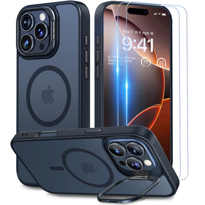 Beeasy für iPhone 16 Pro Max Hülle für MagSafe mit Ständer, Handyhülle mit 2 Stück Schutzfolie, Magnetische Stoßfest Schutzhülle für iPhone 16 Pro Max Case 6,9 Zoll, Durchscheinend Matt Schwarz