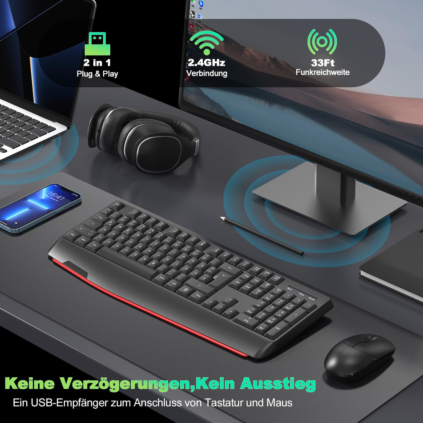 cimetech Tastatur Maus Set Kabellos, 2.4G Ergonomische Funktastatur mit Maus mit Handballenauflage und Ständern Tastatur Kabellos mit Ziffernblock Funkmaus 1600DPI für Windows Computer Laptop PC