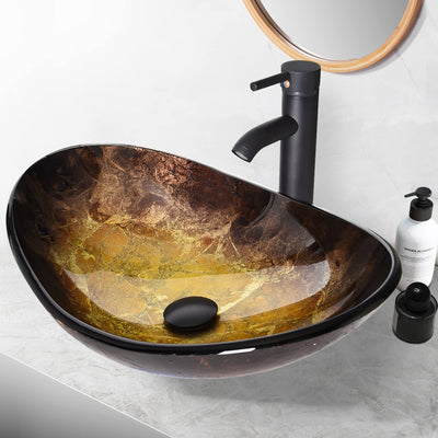 ZealWe Aufsatzwaschbecken 55 cm, Waschbecken aus Glas, Badmöbel Oval Waschschale Waschplatz Handwaschbecken mit Wasserhahn Set, Aufsatz Waschtisch ohne Überlauf für Badezimmer, Küche, Schwarz Gold