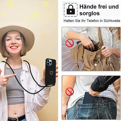 CaseLover Handykette kompatibel mit iPhone 16 Pro Max Hülle mit Band, Herz Muster Silikon Necklace Handyhülle mit Abnehmbar Kordel zum Umhängen Stossfest Bumper Handy Schutzhülle Case, Schwarz