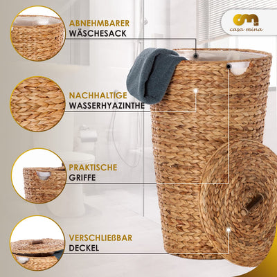 Casa Mina® Wäschekorb mit Deckel D35 x H55cm hoch I Atmungsaktiver Wäschekorb geflochten aus 100% Naturfaser I Robuster Wäschesammler mit Griffen & waschbarem Innensack I Wäschekörbe - Lombok