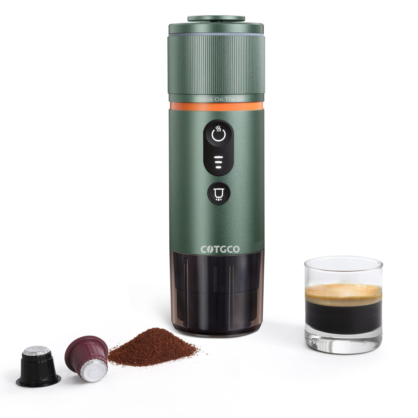 COTGCO Tragbare Kaffeemaschine mit Akku für Reise - Tragbare Espressomaschine für Camping - Erhitzt 40 ml Kaffee in 3 Minuten im Auto - Kaffee Genießen Outdoor - Kompatible Nespresso Kapseln - Grün