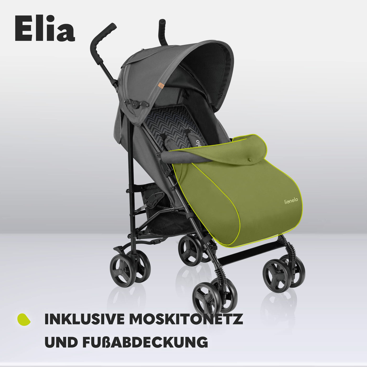 LIONELO Elia Buggy Klein Zusammenklappbar Kinderwagen Bis 15 Kg, Rücken Und Fußstützenverstellung Hinterradbremse, Moskitonetz, Beinwärmer, Einkaufskorb - Graphit